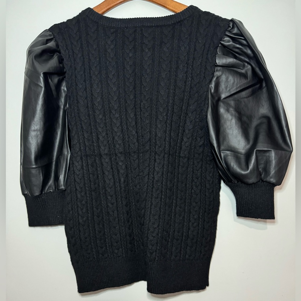 Philosophy black cable knit faux leather puff balloon sleeve sweater size Large - Picture 2 of 6